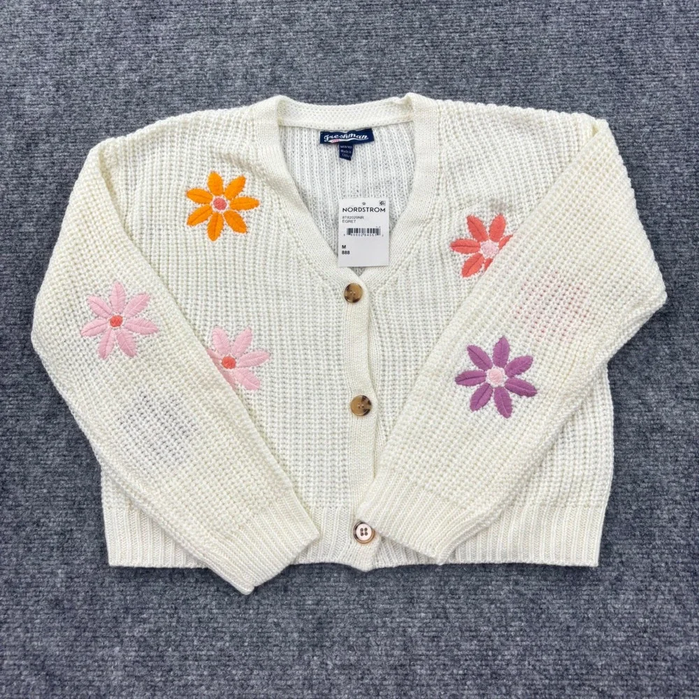 Freshman Cardigan Sweater Medium White Floral Embroidered Button Front NWT Women